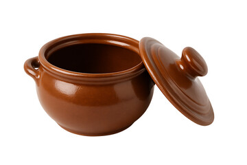 Brown ceramic cooking pot with open lid isolated on transparent background