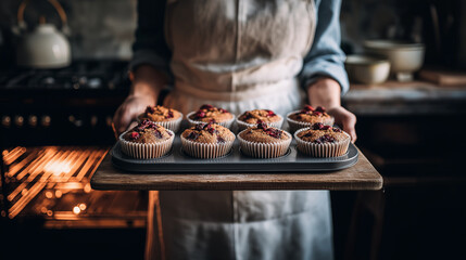 A person holds a tray of freshly baked muffins in a cozy kitchen. The muffins are topped with fruit and have a golden-brown color.