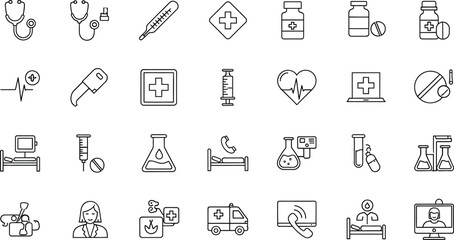 A collection of outline icons representing various medical and healthcare related items isolated on white background
