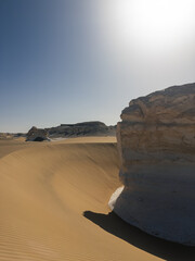 White rock formations and sand dunes in Egypt's White Desert, natural desert landscape	