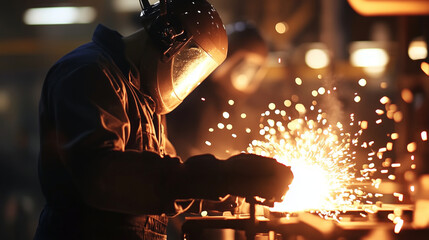 Skilled worker in protective gear creates sparks while welding in workshop, showcasing craftsmanship and dedication