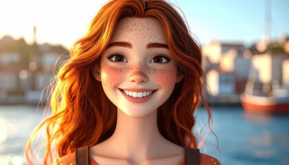 Cartoon girl portrait in a harbor