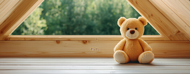 Cozy attic with teddy bear sitting on wooden floor, surrounded by natural light and greenery outside, evoking nostalgia and warmth