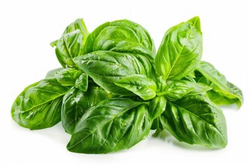 Fototapeta premium Vibrant green basil leaves, glistening with water droplets, create a refreshing image against a clean white backdrop