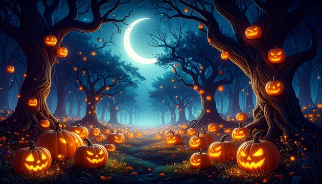 Generated image: Forest of Jack-o'-Lanterns Under a Crescent Moon