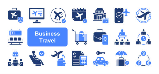 Business Travel editable stroke icon set, with Flight, Itinerary, Booking, Meeting, Expenses, Airport, Luggage.