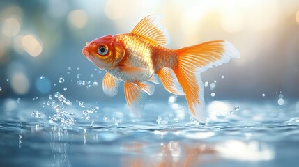 Goldfish leaps from water, a vibrant orange against blue with splashes and blurred light in the backdrop