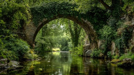 Ancient stone arch bridge, overgrown with lush greenery, over tranquil river