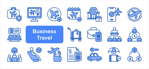 Business Travel editable stroke icon set, with Flight, Itinerary, Booking, Meeting, Expenses, Airport, Luggage.