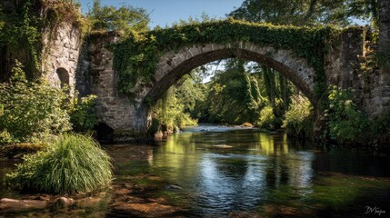 Fototapeta premium Ruined stone arch bridge over a tranquil river