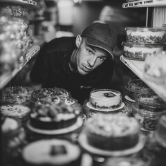 A man is looking into a refrigerator full of cakes. Scene is lighthearted and playful, as the man is poking around in the fridge and looking at the cakes