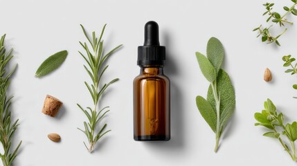 Flat lay of essential oil bottle with herbs