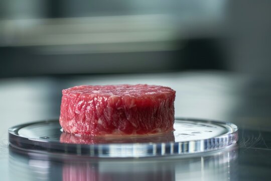 Raw cultivated meat sits on a transparent glass plate, showcasing the potential of lab grown protein