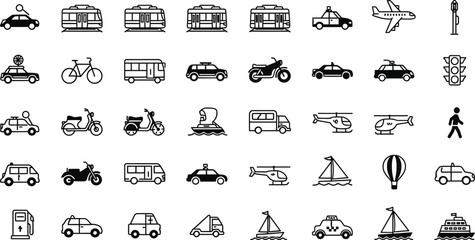 A diverse collection of outline icons representing various modes of transportation isolated on white background