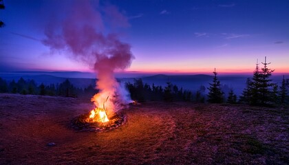 violet smoke rises from a distant campfire in the twilight