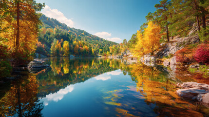Fototapeta premium A beautiful autumn scene with a lake reflecting colorful trees under a blue sky.