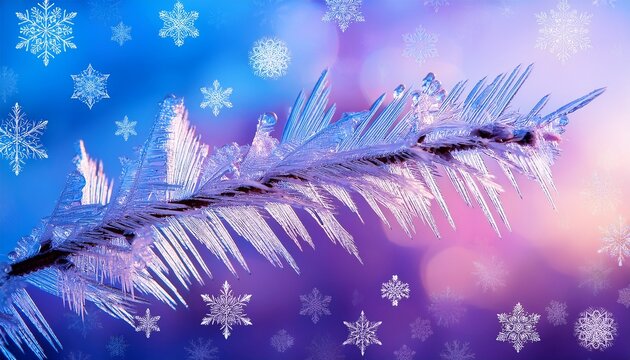 a frozen branch with ice crystals and snowflakes against a blue and purple background