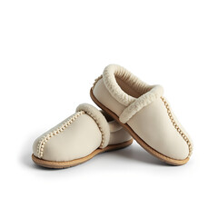 Cozy terry cloth slippers with plush texture on white background  