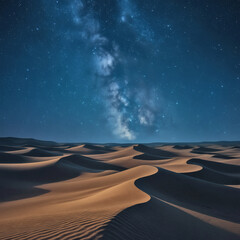 Naklejka premium Cinematic Starry Desert Night – Milky Way Over Moonlit Sand Dunes, Ultra-Realistic Textures, Dramatic Lighting, Peaceful Solitude, Vast Landscape, Stargazing, Astrophotography, 4K Wallpaper
