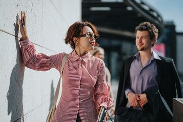 A group of multicultural business people meeting in an urban area, showcasing teamwork and...
