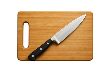 Kitchen knife on wooden cutting board top view isolated on transparent background