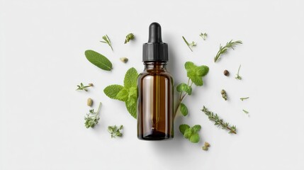 Amber bottle of essential oil surrounded by fresh herbs