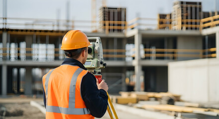 Construction worker using surveying equipment