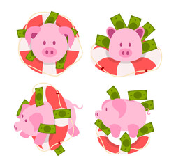 Set of Emergency Funds set collection concept with lifebuoy with piggy bank and money, quick money help and financial aid,mergency Fund and Financial Crisis Concept illustration vector flat.