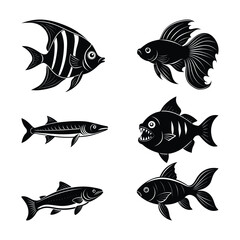 Collection of 6 black fish silhouette icons including tropical and freshwater species. Ideal for logos, educational material, fishing graphics, and marine design.