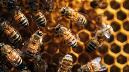 Close-up view of honeybees on honeycomb cells, buzzing with activity.