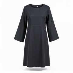 Elegant dark dress with flowing sleeves showcases simplistic form on white background
