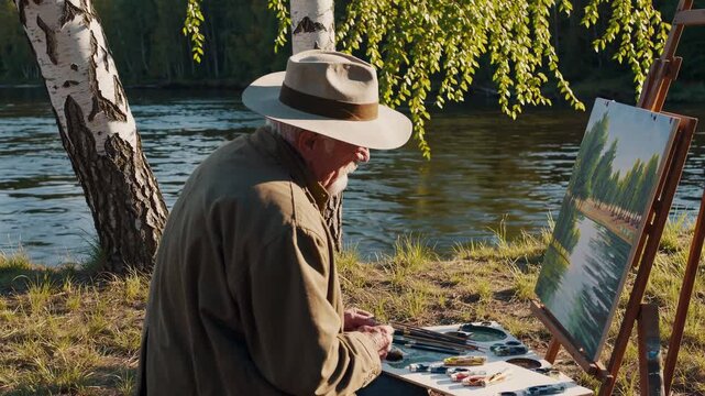 Seasoned artist rendering riverside scenery, painting en plein air with vibrant creativity and masterful technique