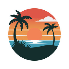 Summer sunset tropical beach line art vector illustration. Retro Sunset Beach Scene with Palm Trees.