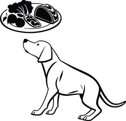 Dog Sniffing Food Plate Vector Illustration in Black and White