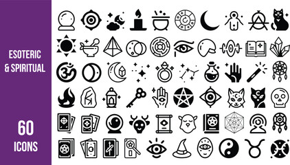 Esoteric & SpiritualCollection of 60 black and white icons representing spiritual, mystical, and esoteric symbols for design, apps, or branding.
