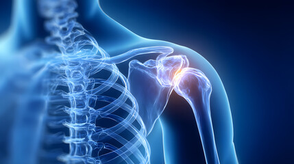 Shoulder joint replacement implant - X-ray view - Medically 3D illustration with blue background