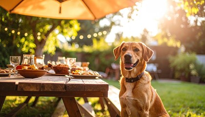 Dog at a backyard picnic table