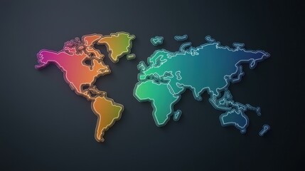 Naklejka premium World Map Rainbow World map with rainbow colored lines connecting different countries, dark background, represents global communication and travel