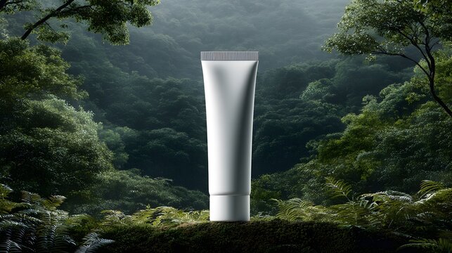Skincare cream mockup placed in lush green forest with natural light highlighting eco-friendly beauty packaging design