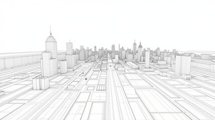 Fototapeta premium Minimalist city skyline illustration featuring wireframe design, showcasing buildings and streets in geometric layout