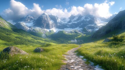Obraz premium Grassy trail leads toward snow-capped mountains under a partly cloudy bright blue sky in a lush green valley