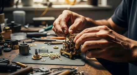 Clock repair hands working on mechanism