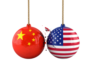 Two Metal Balls Painted with China and America Flags Facing Each Other Isolated on White Background
