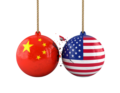 Two Metal Balls Painted with China and America Flags Facing Each Other Isolated on White Background