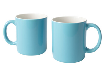 Two blue ceramic coffee mugs side by side isolated on transparent background