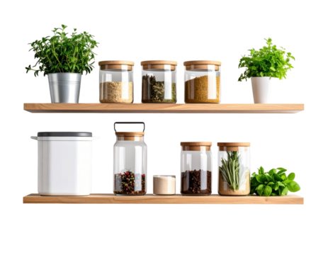 Modern Clean Kitchen Shelf with Organized Utensils and Minimalist Design Isolated on White Background