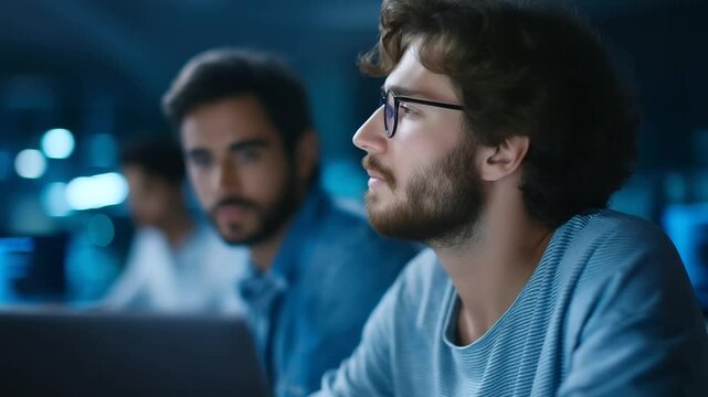 A tech startup team collaborates on AI chatbot development in a modern office setting.