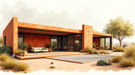 Modern Adobe Desert Home with Minimalist Patio and Native Landscaping