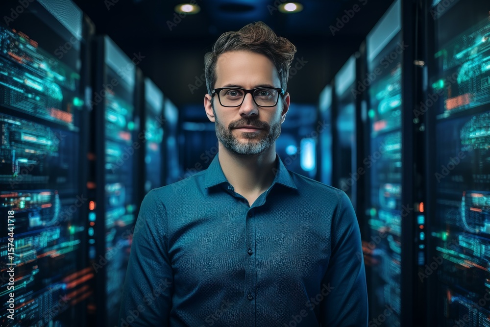 Poster portrait of an it engineer monitoring server operations in a data center, ensuring optimal performan