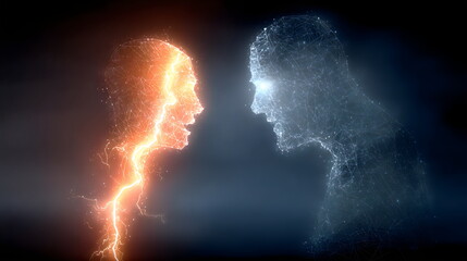 Symbolic representation of contrasting energies engaging in a profound conversation illuminated by vibrant light. The figures symbolize contrasting emotions, engaging in dialogue and confrontation
